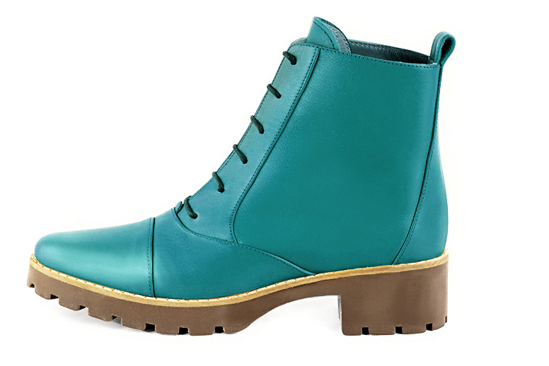 Turquoise blue women's ankle boots with laces at the front. Round toe. Low rubber soles. Profile view - Florence KOOIJMAN